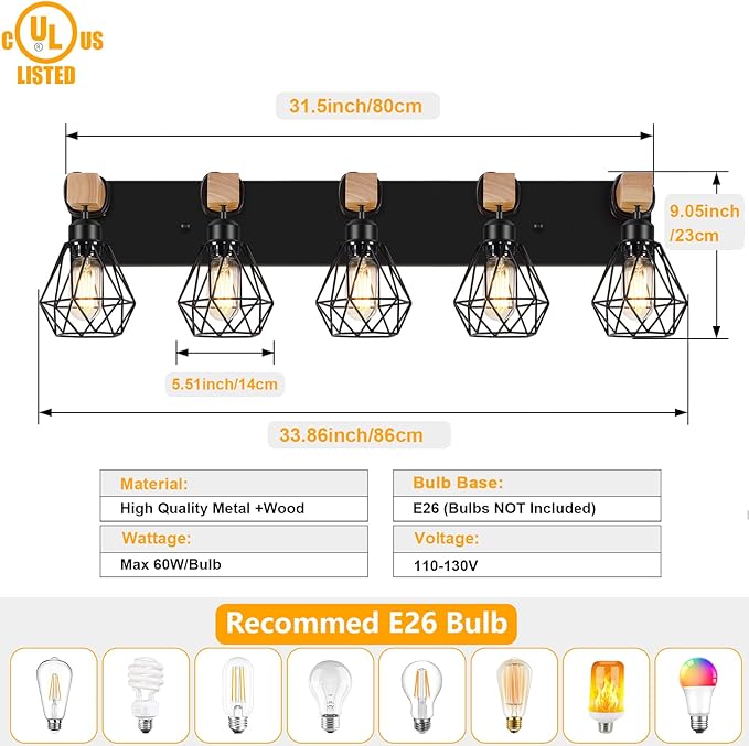 FadimiKoo 5-Light Farmhouse Wood Wall Sconces Lighting, Black Vanity Lights Over Mirror with Metal Cage Lampshade, Rustic Bathroom Wall Mounted Lamp for Mirror, Living Room, Bedroom, Hallway