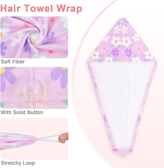 Unicorn Castle Microfiber Hair Towel for Kids 2Pack Hair Wrap Towels Absorbent Hair Drying Towel Wrap Hair Turbans for Curly Thick Hair,Purple Blue Flower