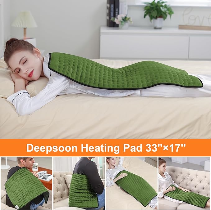 Deepsoon Heating Pad,Electric Heating Pads for Back,Neck,Moist Heating Pad for Abdomen Shoulder Knee Legs,Dry/Moist Heat&Auto Shut Off,Mother's Day Birthday for Men and Women,Green Black,33x17 Inch