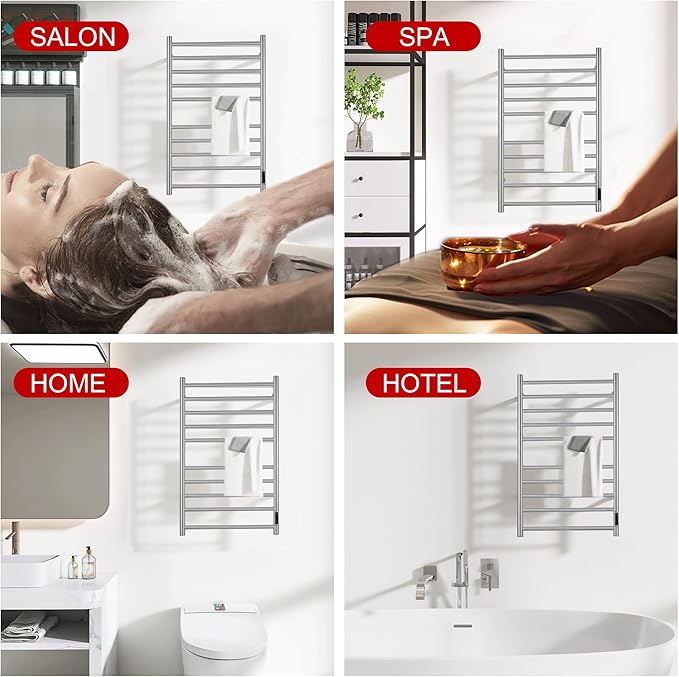 Heated Towel Racks for Bathroom, Wall Mounted Electric Towel Warmer Racks with Timer & Temperature Control, 10 Bar Stainless Steel Towel Heater for Bathroom, Brushed Silver, Plug-in