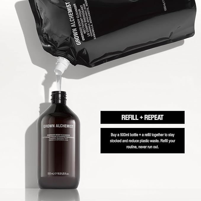 Grown Alchemist Energize Body Cleanser Refill Pouch. Chamomile, Bergamot & Rose Body Cleanser. Gentle Body Wash. Hydrates & Cleanses Skin, (1L).