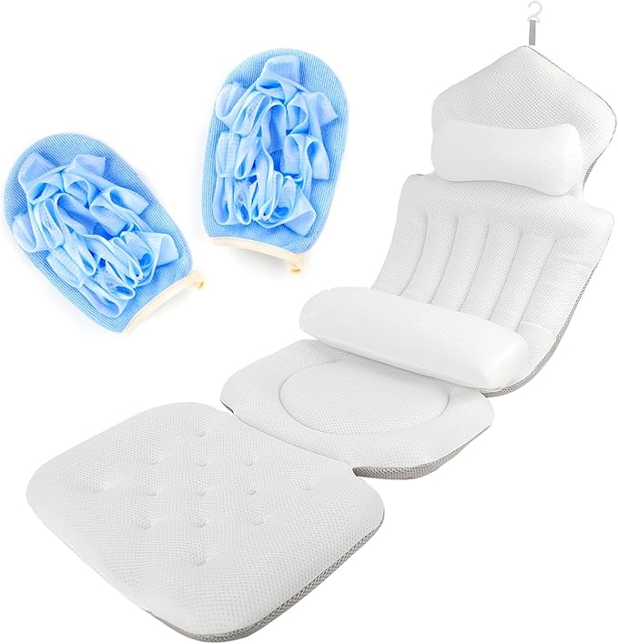 Luxury Full Body Bath Pillow for Tub - 4D Air Mesh Bathtub Cushion Mat with Extra Thick Neck, Back & Lumbar Support - Ergonomic Spa Pillow for Headrest & Shoulder Relief, Non-Slip, White