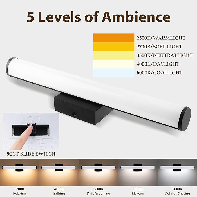 Bathroom Light Fixtures Over Mirror 22IN, 19W 5CCT Dimmable Modern Vanity Lights,Black Bar Vanity Light for Bathroom Mirror Restroom, Wall Light Fixtures Vanity Lighting