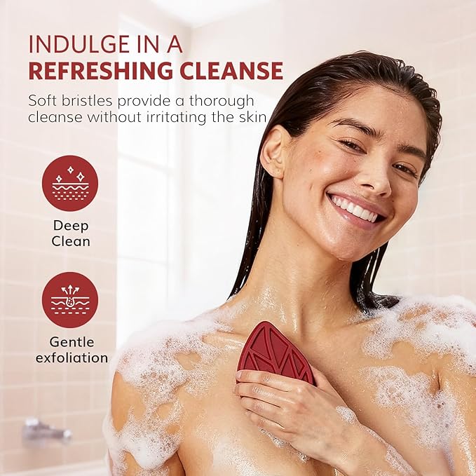 Sndyi Silicone Body Scrubber, Gentle Exfoliating Body Scrubber for Sensitive Skin, Leaf Shaped Shower Scrubber for Body with Lathering Bristles, Silicone Loofah Body Brush for Showering, Red