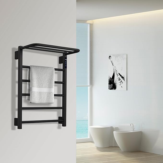 Heated Towel Racks for Bathroom, Hot Towel Warmer with 24hr Timer Stainless Steel Wall Mounted Electric Towel Warmers for Bathroom (Black, 5-Bar)