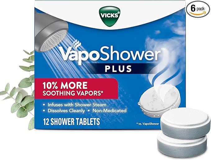 Vicks, VapoShower Plus, Shower Steamers, Eucalyptus Shower Steamer & Menthol Scent, Clean Dissolving Vapor Shower Tablets, Aromatherapy Shower Steamer & Shower Bombs, 12 Count (Pack of 6)