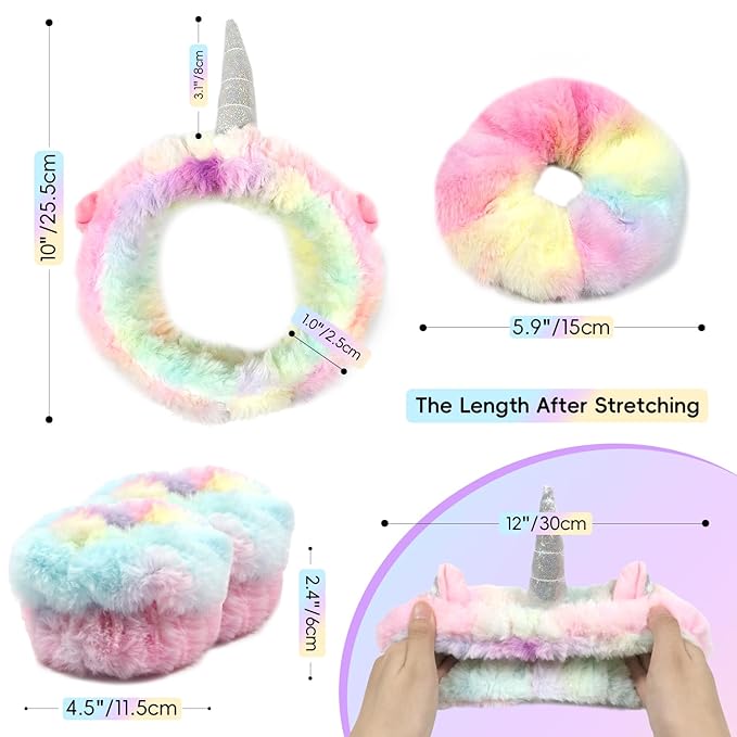 my novel things Face Wash Headband Set With Wrist Bands and Hair Scrunchie - Cute Rainbow Elastic Spa Hair Bands for Washing Face, Makeup, Skincare