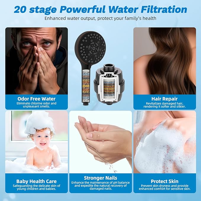Hibbent Dual Filter All Metal 12" Rainfall Showerhead Combo, High Pressure Filter Shower Head with 10-Spray Handheld, 4-way Diverter with Pause Mode, 71'' Shower Hose and Holder, Oil Rubbed Bronze