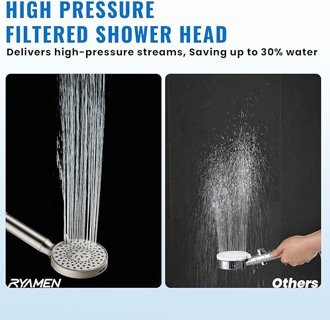 Ryamen Filtered Shower Head with Handheld, High Pressure 9-Spray Modes Detachable Shower Head with Filter for Hard Water-Remove Chlorine & Impurities, 2 Filters, Brushed Nickel