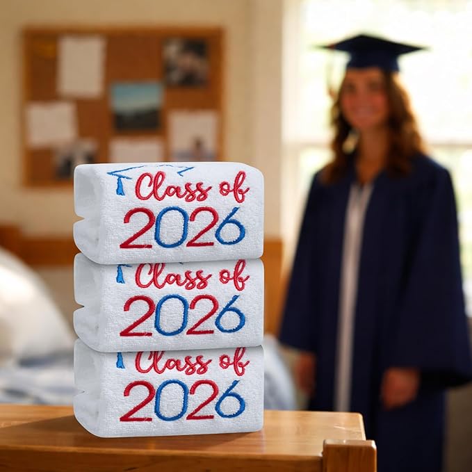 MASHAN Class of 2026 Graduation Hand Towels 3 Pack,100% Cotton Soft Absorbent Bathroom Towels,Senior 2026 Graduation Gift for Girls Boys,Blue Red Decorative Towels 14x30 Inch