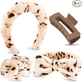 VELSCRUN Spa Headbands for Wash Face, Makeup Headband, Facial Skincare Headbands, 5 Pcs Brown Leopard Puffy Sponge Spa Headband Bow Tie Hair Band Hair Clips Wristband Set Women Girls Accessories