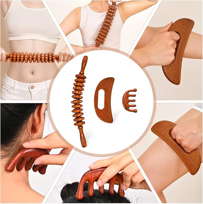 3-in-1 Wood Therapy Massage Tools Wooden Gua Sha Lymphatic Drainage Massager Body Sculpting Tools, Maderoterapia Kit, Anti-Cellulite