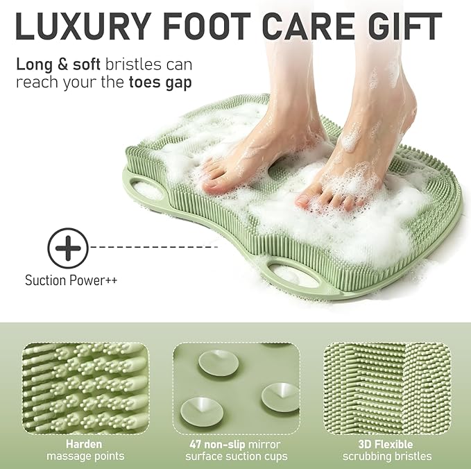 XL Shower Foot Scrubber Mat, Silicone Feet Massage Cleaner Dead Skin Toes Clean Pad without Bending Non-slip Suction Cups -Improve Circulation for Feet Beauty Exfoliate Smooth Achy 17.2*13" Sage Green