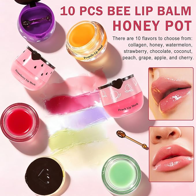 10PCS Honey Pot Lip Balm,Moisturizing Bee Lip Balm,Fruity Lip Sleeping Mask,Hydrating Lip Mask Overnight,Prevention Dry and Cracked,Reduces Lip Lines Lip Care Products