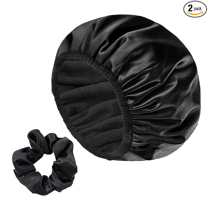Three-Layer Terry Cloth Lined Satin Shower Cap, with Silk Hair Ties, Microfiber Waterproof Reusable Large Size Shower Cap for Women Long Thick Hair (Black)