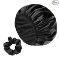 Three-Layer Terry Cloth Lined Satin Shower Cap, with Silk Hair Ties, Microfiber Waterproof Reusable Large Size Shower Cap for Women Long Thick Hair (Black)