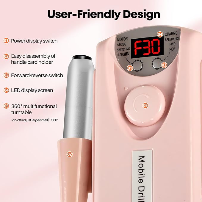 Droyek Electric Nail Drill Portable Nail Drill Professional 30000 RPM 13 Salon Quality Drill bits 50 Sanding Bands Portable & Low Noise for Acrylic Nails Gel Polishing Removing Bits Kit for Home Use