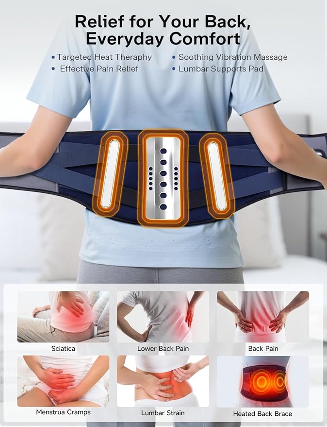 Cordless Heating Pad with Massager for Back Pain Relief, Gift for Women Men Mother Father, 47-60" Portable Lower Back Massager, Wearable Wireless Heating Pad for Cramps with 3 Heat&Timer, 5 Vibration
