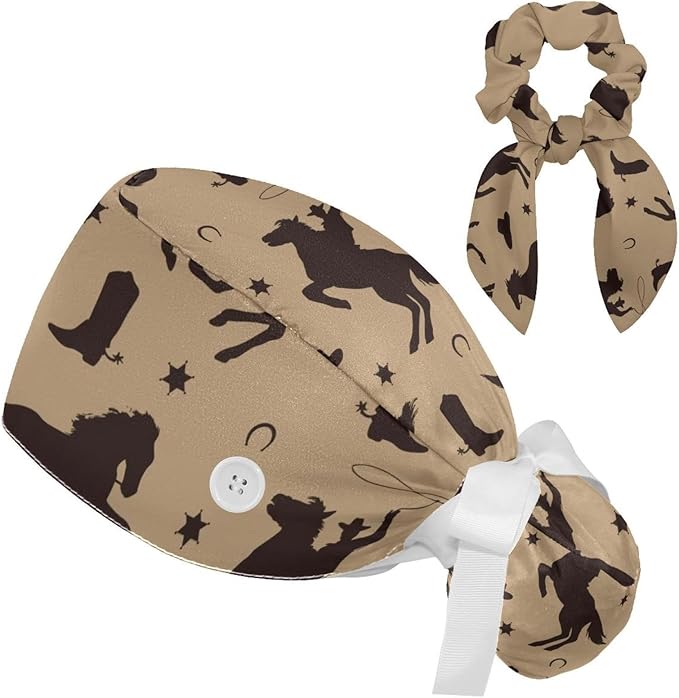 Ethnic Aztec Pattern Adjustable Scrub Cap Hat with Button, Working Hat Sweatband with Bow Hair Scrunchy for Woman