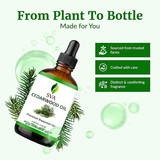 SVA Cedarwood Essential Oil – 4 Fl Oz – 100% Natural Cedar Juniperus Mexicana Oil - for Diffuser, Hair Care, Face, Skin Care, Aromatherapy, Scalp and Body Massage, Soap and Candles – with Dropper