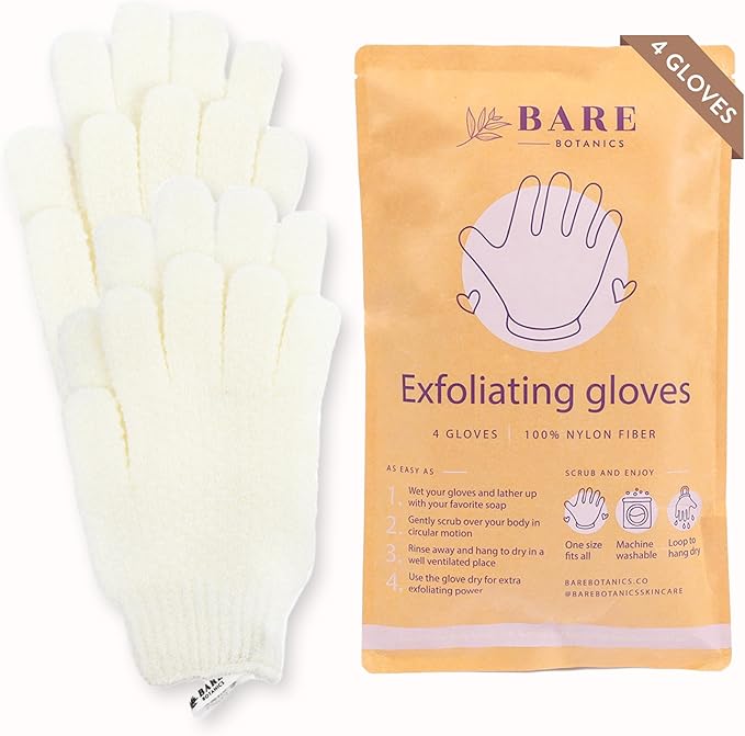 Bare Botanics 4 Pack White Exfoliating Shower Gloves - 100% Nylon Fibers for Gentle Exfoliation - for Both Wet or Dry Exfoliation - Machine Washable - Vegan & Cruelty-Free