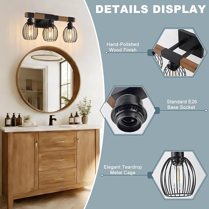 3-Light Farmhouse Bathroom Vanity Light Fixtures, Rustic Wood Bathroom Light Fixtures Over Mirror with Elegant Teardrop Cage, Vintage Black Wall Sconce Lighting for Bedroom Powder Room Kitchen