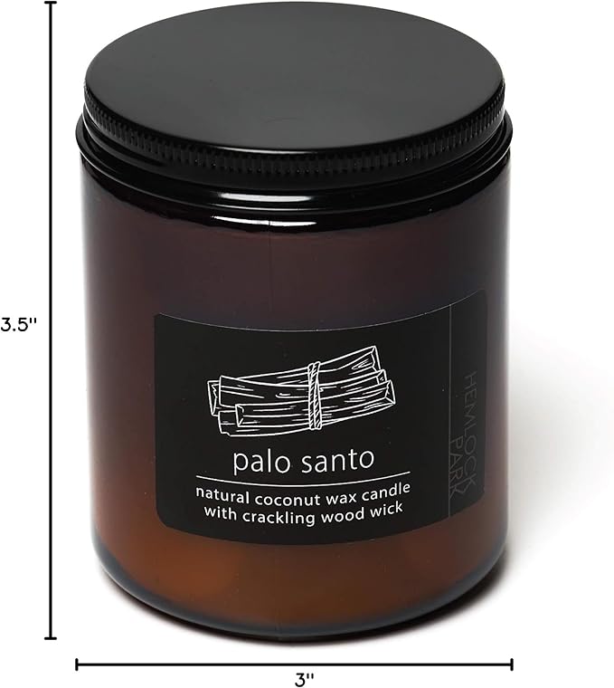 Hemlock Park Palo Santo Apothecary Hand-Poured Scented Candle | Crackling Wood Wick, Botanical Fragrance & Coconut Wax | Up to 60 Hour Burn Time | 8 oz