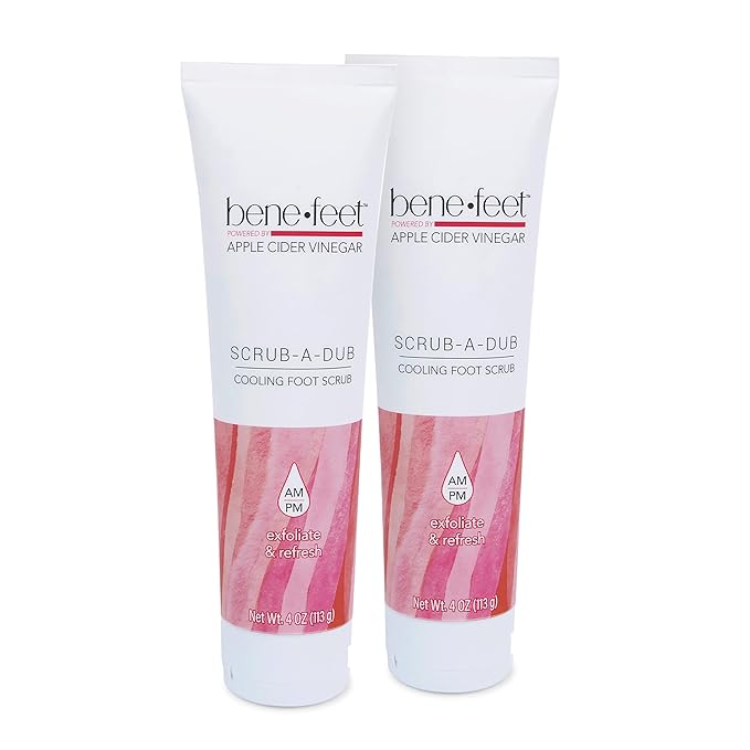 Benefeet Scrub-A-Dub Cooling Foot Scrub - Exfoliates + Refreshes Dry + Dull Skin, Get Smoother Skin from Heel to Toe, Made w/Vitamin E, Apple Cider Vinegar, Walnut Shell + Apricot Seed, 4 oz (2 Pack)