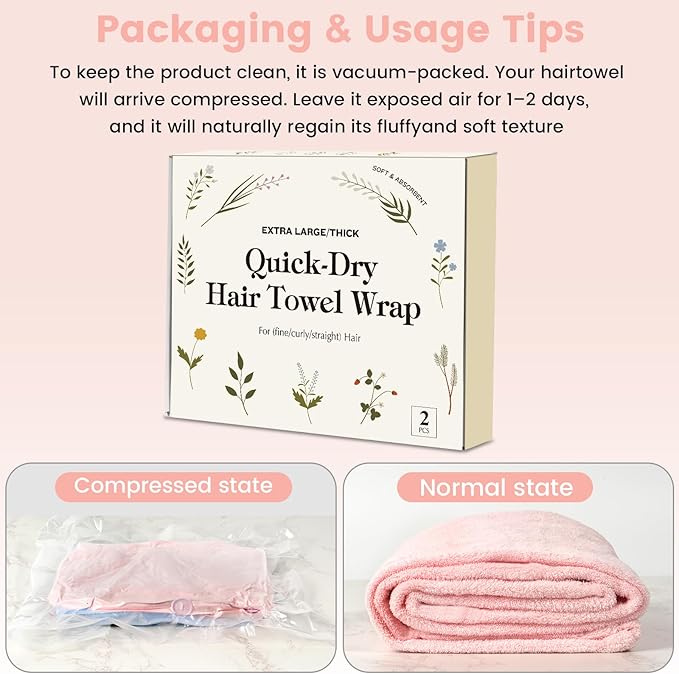 Microfiber Hair Towel Wrap for Women, 2 Pack Large Fast Drying Hair Towel Turban Shaped, Ultra Soft Thick Absorbent Anti-Frizz Towel for Curly Long Wet Hair, Durable Double Stitched Edges(Pink/Blue)