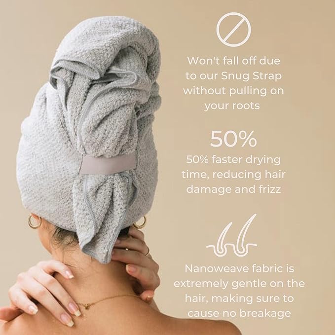 VOLO Hero Hair Towel – Ultra Soft Nanoweave™ Microfiber, Super Absorbent Quick Dry, Reduces Dry Time 50%, Anti-Frizz & Breakage, Secure Snug Strap, Large Wrap for All Hair Types - Luna Gray