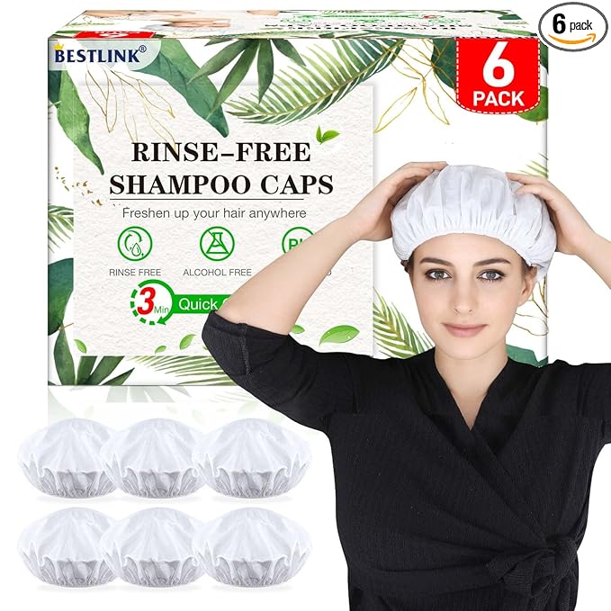 Shampoo Caps No Rinse, 6 Pack Waterless Shampoo Caps for Bedridden Patients and Elderly, Rinse Free Hair Washing Shower Caps for Post Surgery, Hospital, Camping