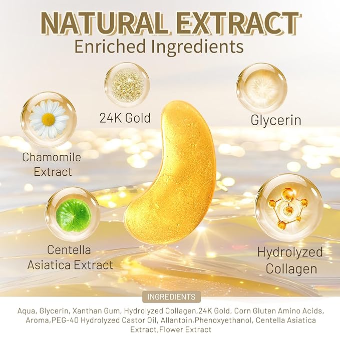 Hicream Golden Under Eye Patches - 30 pair Eye Mask Pure Gold Anti-Aging Collagen Hyaluronic Acid Under Eye Mask for Dark Circles, Puffiness & Wrinkles Refresh Your Skin