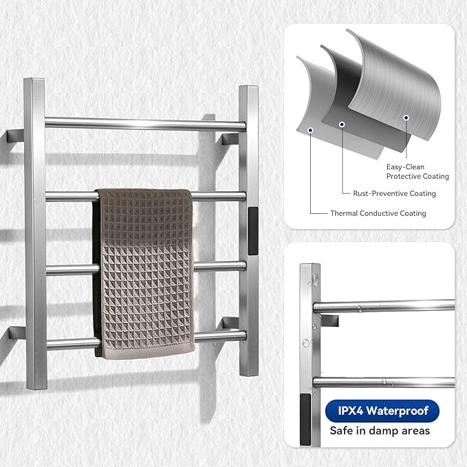 Heated Towel Racks for Bathroom, Hot Towel Warmer 4 Bars with 24hr Timer Stainless Steel Wall Mounted Electric Towel Warmers for Bathroom