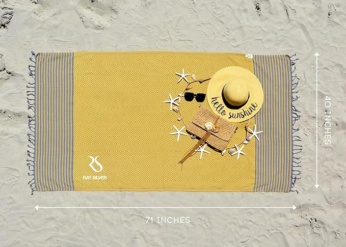 Ray Silver Turkish Beach Towel Oversized 40x71 100% Cotton Sand Free Quick Dry Towel Extra Large Turkish Towel Light Travel Towel for Adults Beach Gifts Beach Accessories