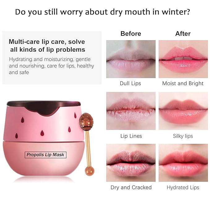 2PCS Bee Lip Balm Honey Pot - Strawberry & Honey Moisturizing Propolis Mask, Hydrating Prevention for Dry and Cracked Skin, Scrubs Exfoliator, Sleep Mask Reduces Lines, Skin Care Products
