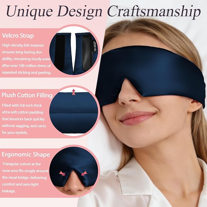 Silk Sleep Eye Mask for Side Sleeper Men Women, Eye Mask Sleeping 100% 22 Momme Pure Mulberry Silk for Travel, Face-Hugging Padded Eye Cover for Sleeping with Adjustable Band-Navy Blue
