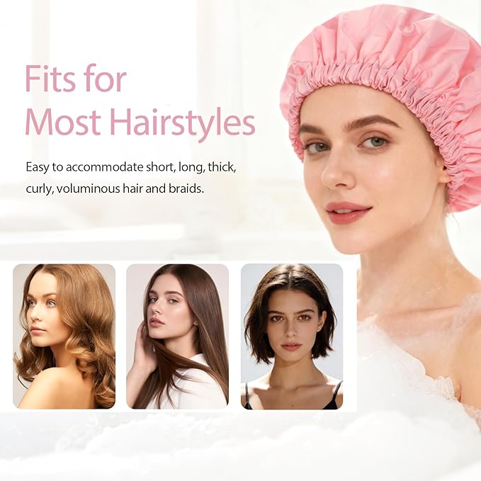 Shower Cap for Women Reusable Waterproof, Large Bath Cap with Elastic Band, Hair Caps for Long Hair and Braids, Pink
