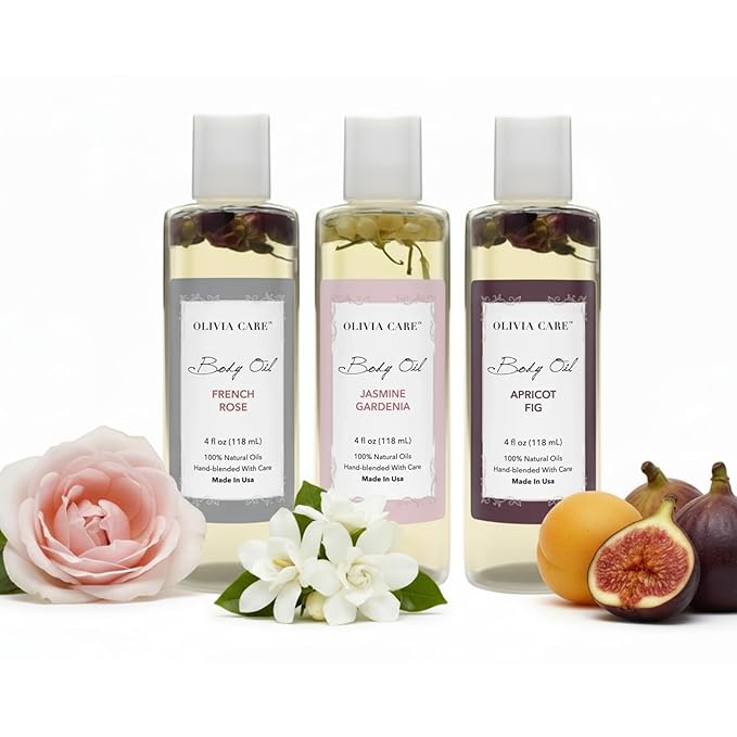 Olivia Care 3 Pack Body Oils: Apricot Fig, French Rose, Jasmine Gardenia - Natural Perfume Oils For Women & After Bath Oils Body Moisturizers, Rich in Vitamin E, K, & Omega (3 Scents)