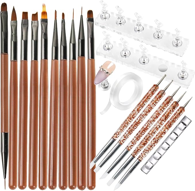Nail Art Brushes Set with Nail Stand Holder for Press On & Painting Nails,Nail Dotting Tools with Sculpture Pen,Acrylic Nail Brushes for Gel Builder Extensions French Tip,Nail Art Tools Design