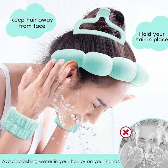 my novel things Spa Headband For Washing Face with Hair Clips Wristbands 6PK for Women Girls Gift, Soft-Puffy Velvet Makeup Headbands for Makeup, Skincare (Green)