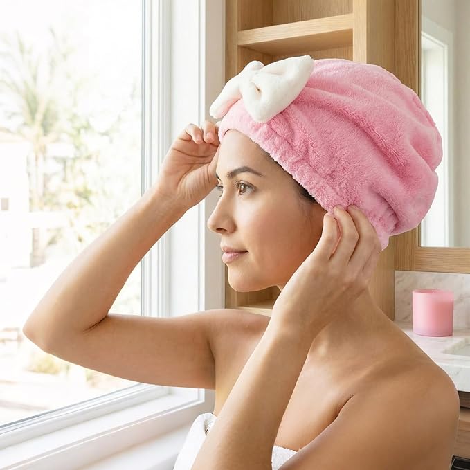 PAGOW 2pcs Microfiber Hair Towel, Pink Blue Ultra Soft Absorbent Hair Drying Towel Wrap with Bow, Fast Drying Shower Cap Hair Towel Wrap for Women Bathing Spa