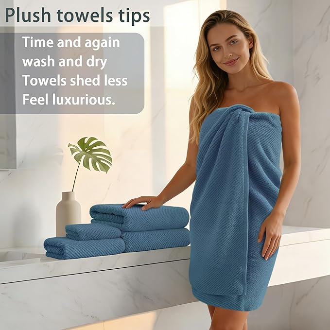VOOVA & MOVAS Blue Towels Bathroom Sets, 100% Cotton | Lightweight | Soft | Quick Dry | Thick, Towel Set of 6, 2 Large Bath 30"x56", 2 Hand 18"x28", 2 Wash Cloths 13"x13", Denim Blue Towel Gift