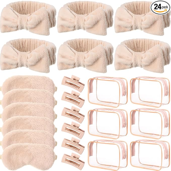 Hoteam 24 Pcs Spa Party Favors Supplies 6 Spa Headband 6 Plush Sleep Eye Mask 6 Hair Claw Clips 6 Clear Cosmetic Bags for Adult Sleepover Slumber Party Graduation Gift(Beige)