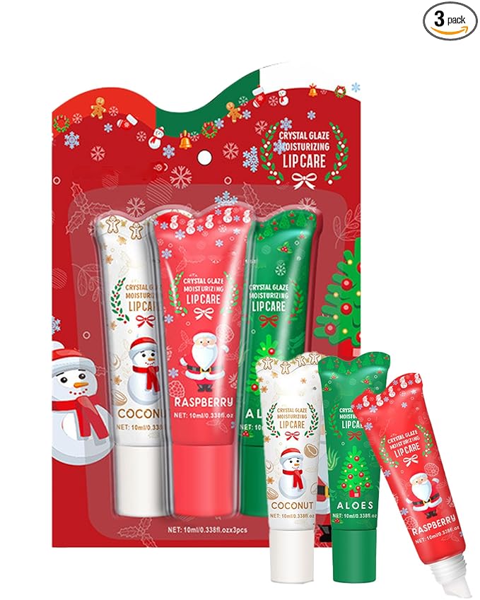 Christmas Moisturizing Lip Balm Gift Set,3 Pcs Hydrating Lip Oil Gloss for Dry Cracked Lips,Non-sticky Long Lasting Clear Jelly Yummy Tint Lipstain Fruit Flavoured Glow Lipcare Oil Women Makeup Gift