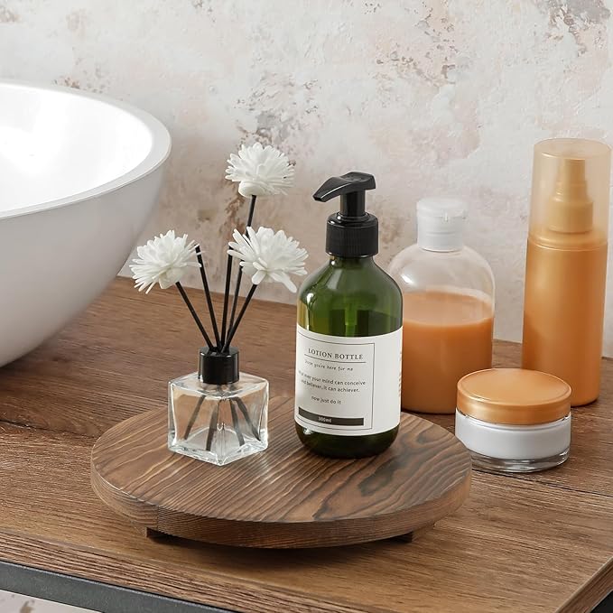 Small Round Decorative Tray Burnt Wood Bathroom Counter Organizer Pedestal Stand Farmhouse Kitchen Decor Wooden Riser for Soap Dish, Perfume, Candle, Sponge, 9" - Brown