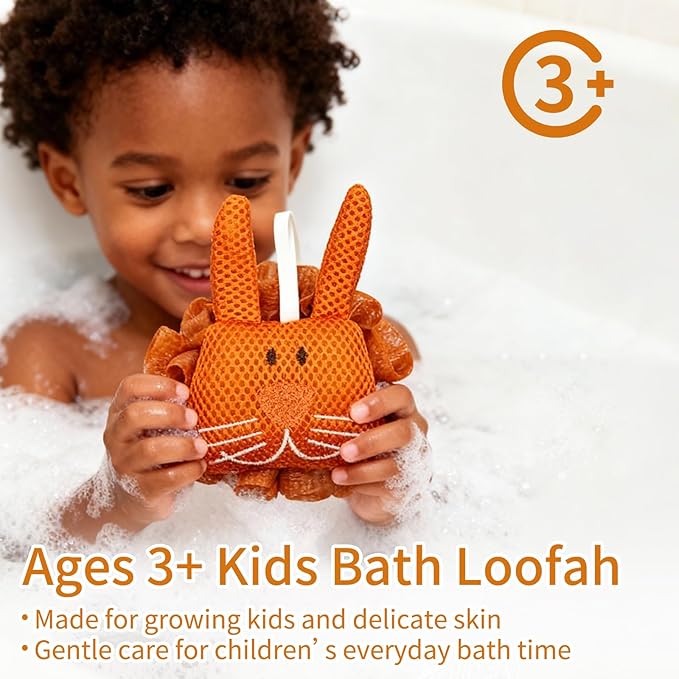 Kids Bath Sponge,Soft Mesh Shower Pouf for Kids,Cute Turtle&Bunny Bath Loofah Gentle Fun Bath Accessories for Boys and Girls