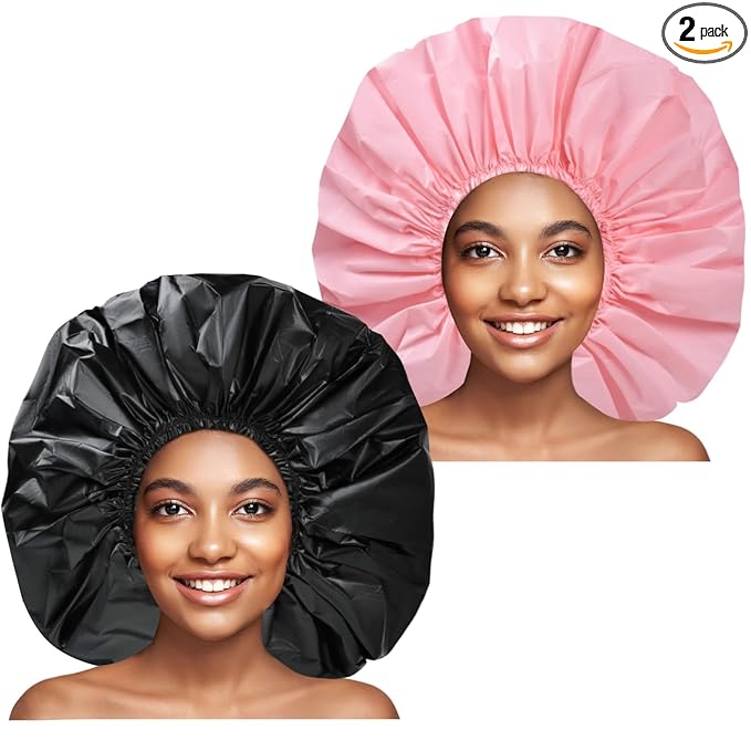 Extra Large Shower Cap 2 PCS Waterproof Shower Caps for Women, Super Jumbo Shower Cap, Reusable Super Large Bath Caps Hair Cap for Long Thick Curly Hair, Locs, Twist Braids - Black + Pink