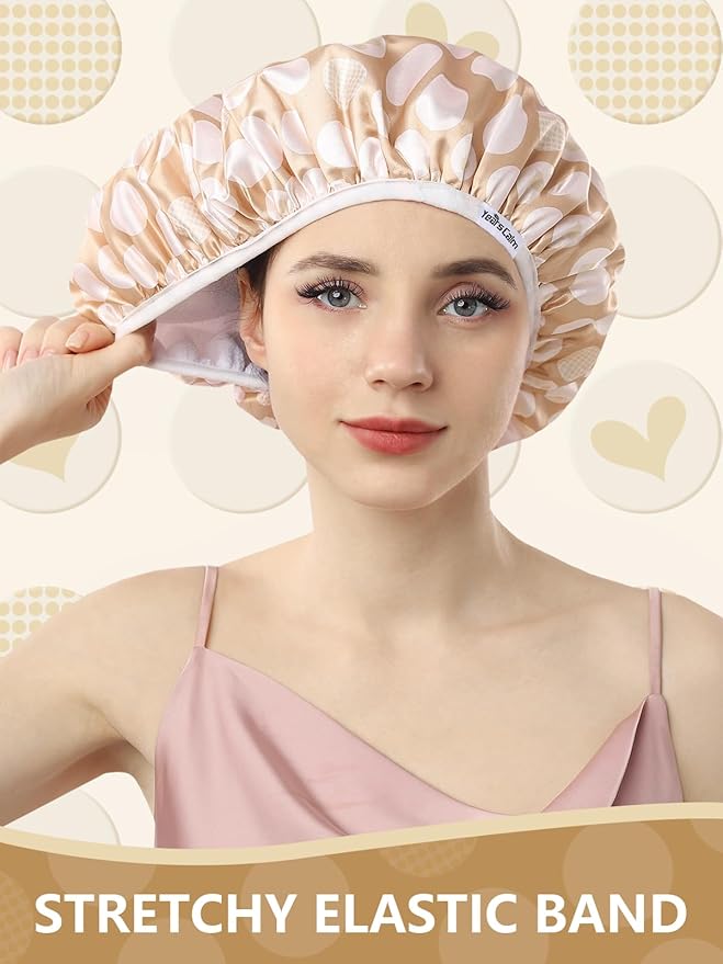 Years calm Terry Lined Shower Cap, Triple Layer Heart Motifs,Waterproof Reusable Elastic,Hair Shower Cap for Women,Terry Cloth Shower Caps for Spa,Clean,Trave (Beige, One Size)
