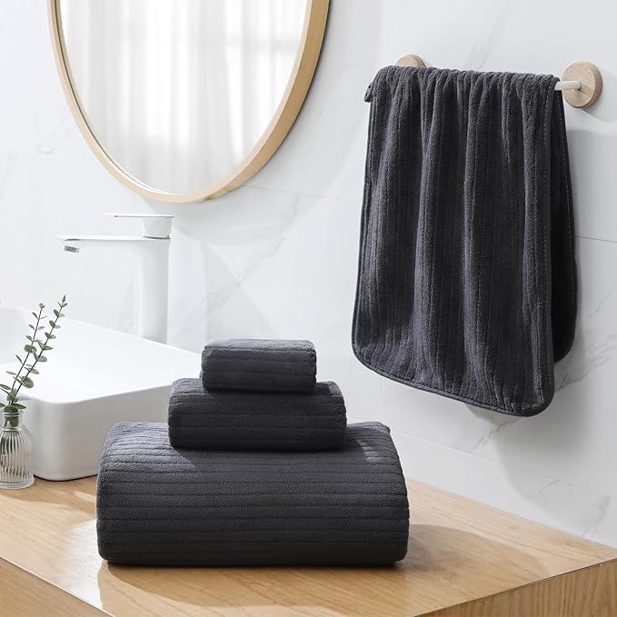 YTYC 39x78 Bath Sheet Extra Large Bath Towel for Adults Super Soft Absorbent Striped Microfiber Oversized Bathroom Towel - Charcoal Grey,1 PCS