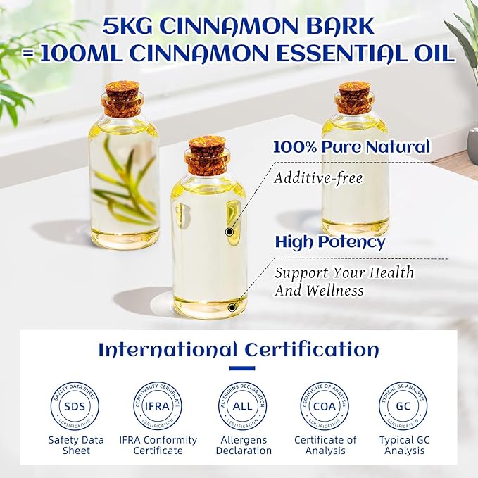 HIQILI Cinnamon Essential Oil for Spary, Diffuser, Garden and Kitchen - 100% Pure Natural - Indoor and Outdoor, 3.38 Fl Oz